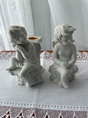 Vintage White Bisque Porcelain Cherub on Greek Column Candle Holder – Set of 2